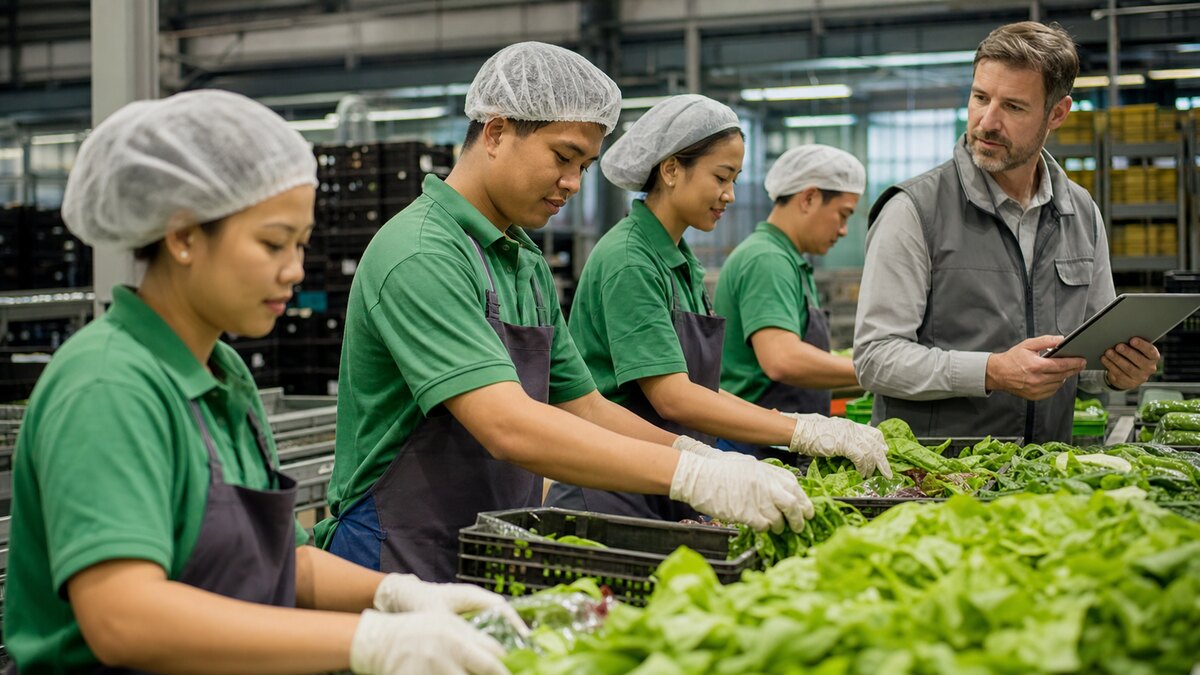 Asian agriculture workers sorting fresh produce on a packing line