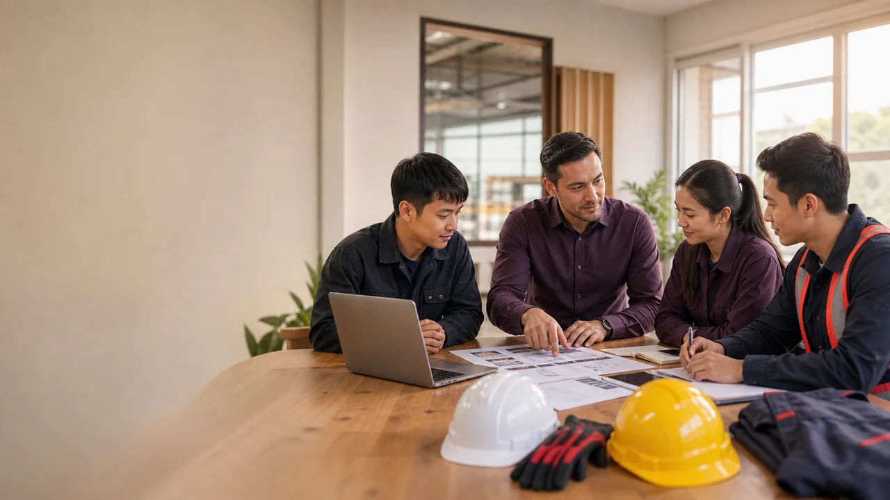 Asian workers and a European supervisor reviewing a work plan