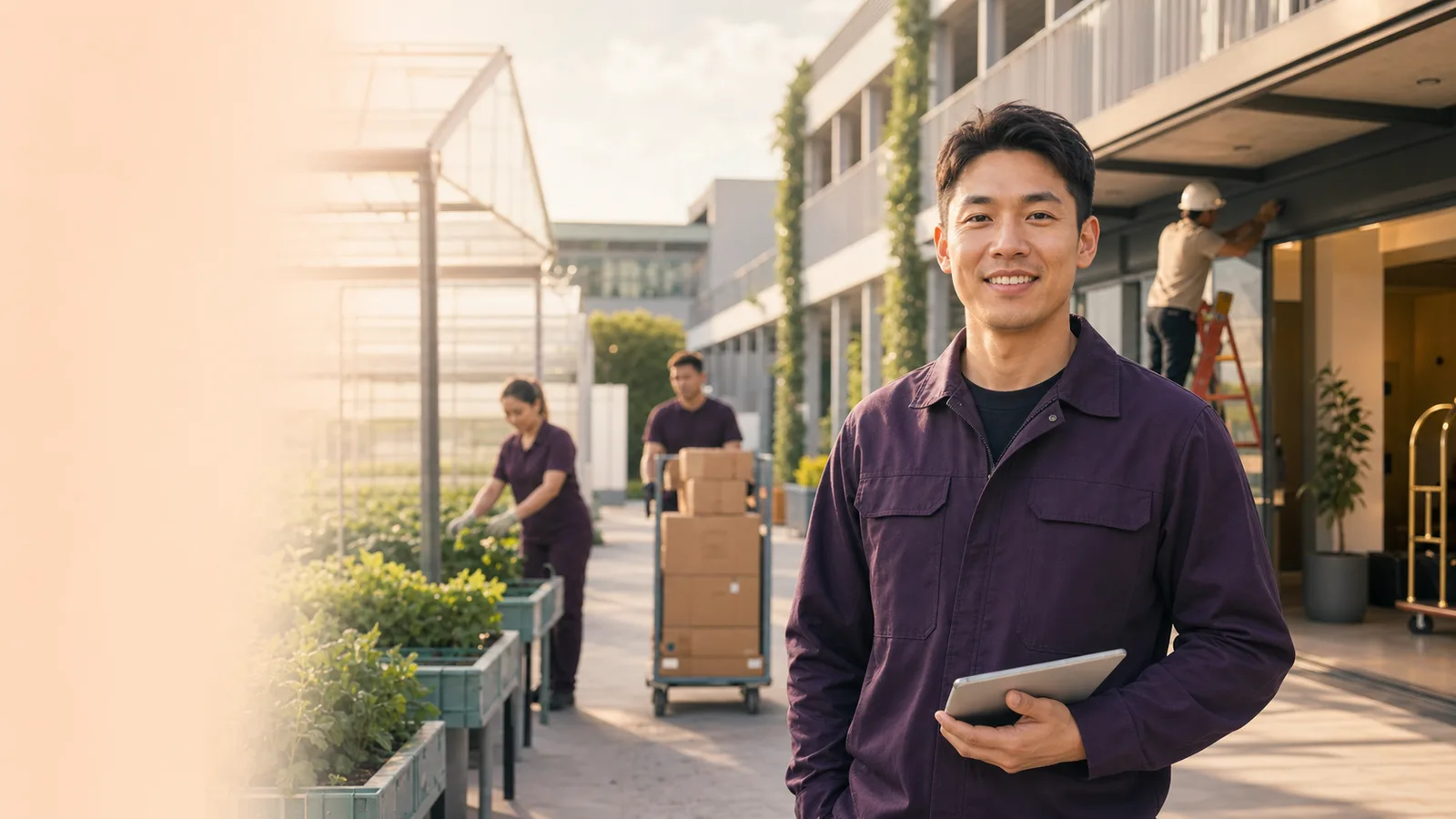 Asian worker holding a tablet outside a modern workplace with colleagues working nearby