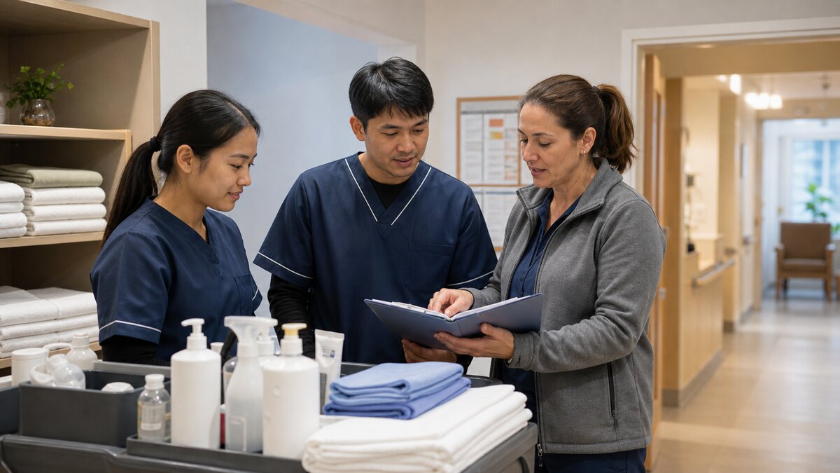 Asian care and facilities workers reviewing daily routines with a supervisor