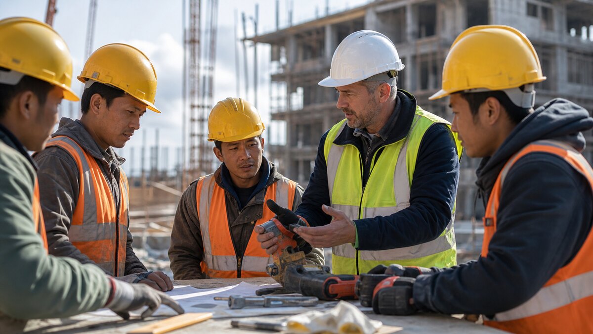 Asian construction workers reviewing site tasks and tools with a supervisor