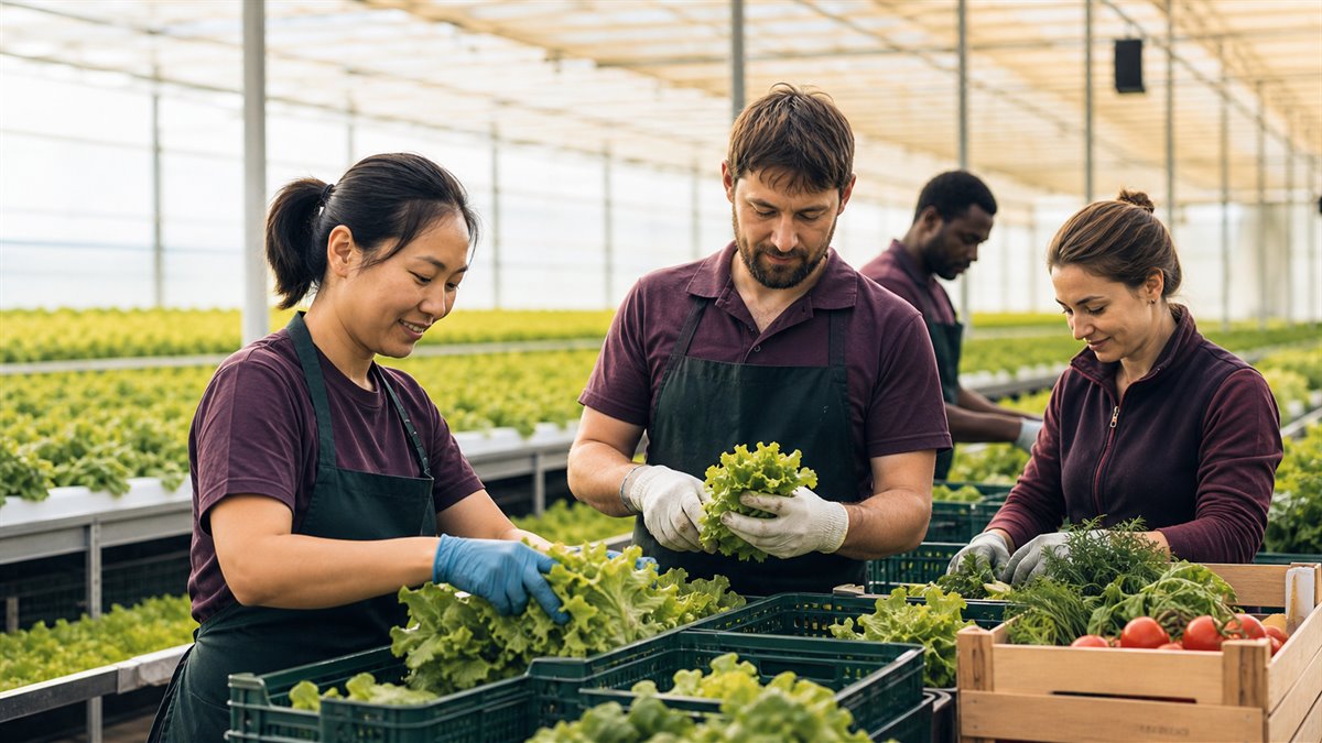 Asian agriculture worker checking fresh produce in a greenhouse and packing environment