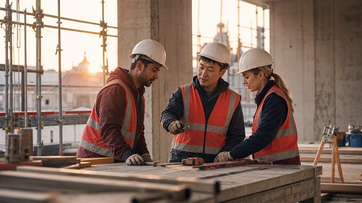 Asian construction worker with a European site crew reviewing work plans on an active construction site