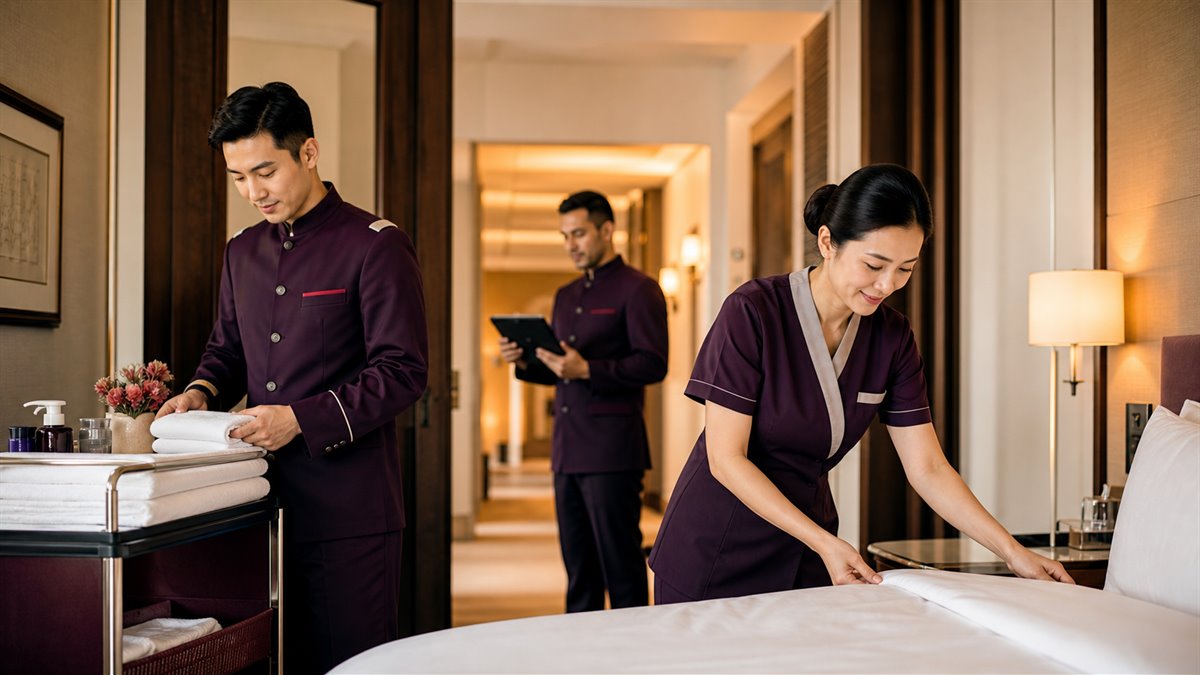 Asian hospitality worker preparing a hotel reception and guest service area