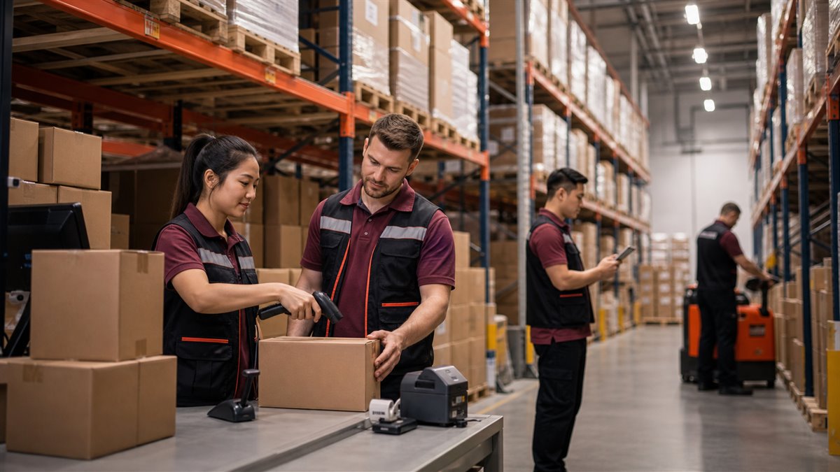 Asian warehouse worker and European supervisor reviewing work in a logistics facility