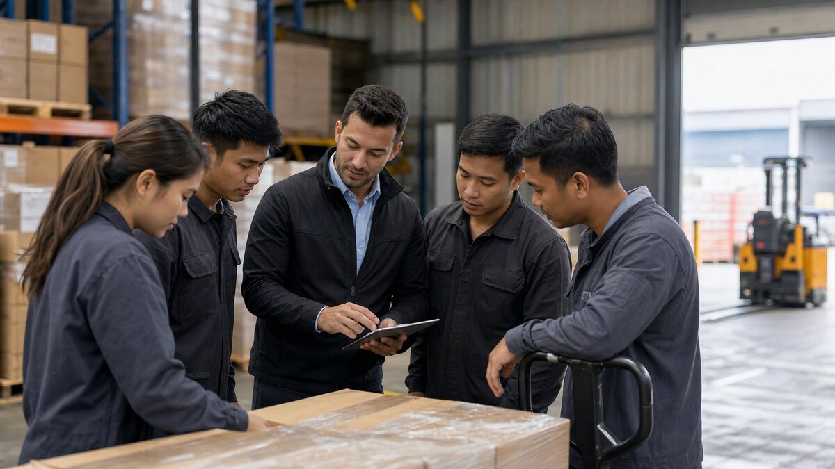 Asian logistics workers and a coordinator reviewing dispatch tasks in a warehouse