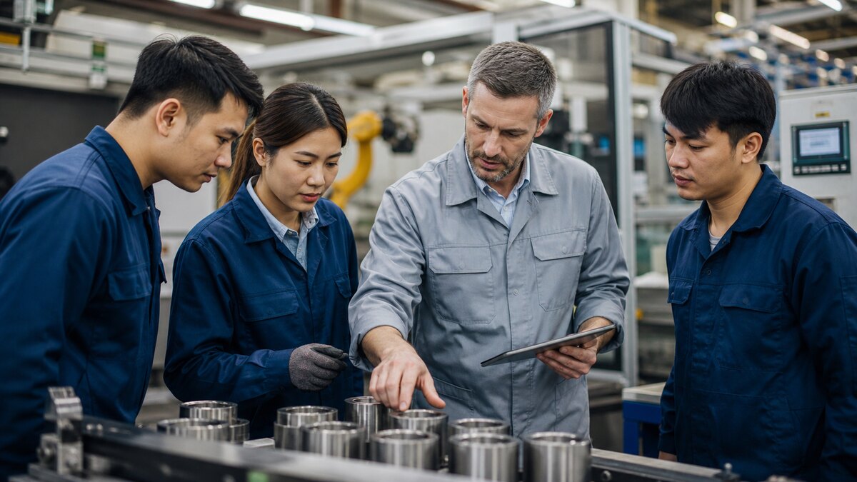 Asian manufacturing workers reviewing quality checks with a factory supervisor