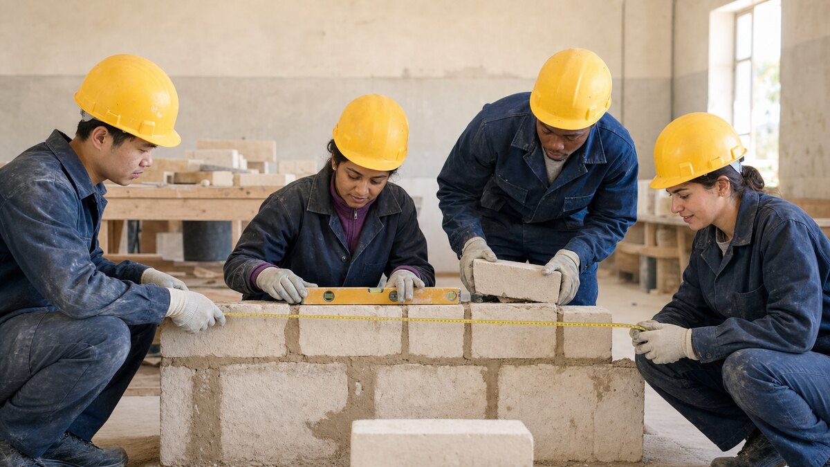 Construction trainees practising measurement together in a vocational workshop