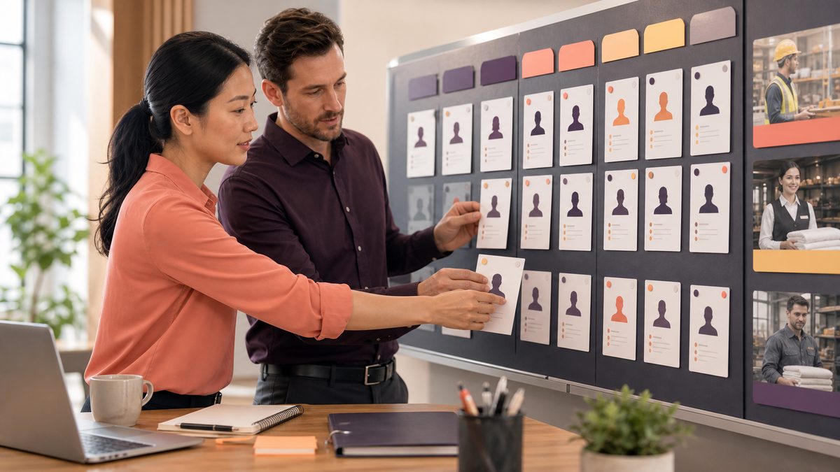 Asian workforce coordinator and European staffing partner arranging anonymous worker type cards