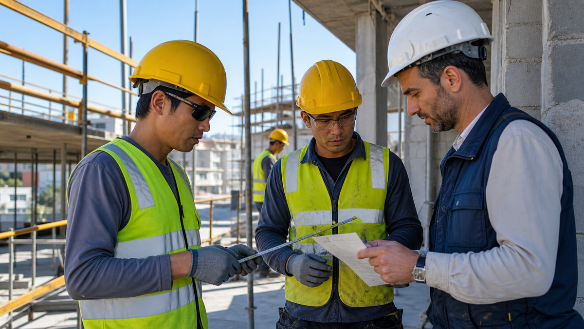 Illustration of construction workers reviewing work with a site manager