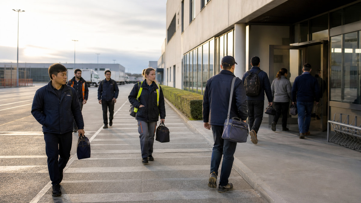 Illustration of employees arriving at an industrial workplace