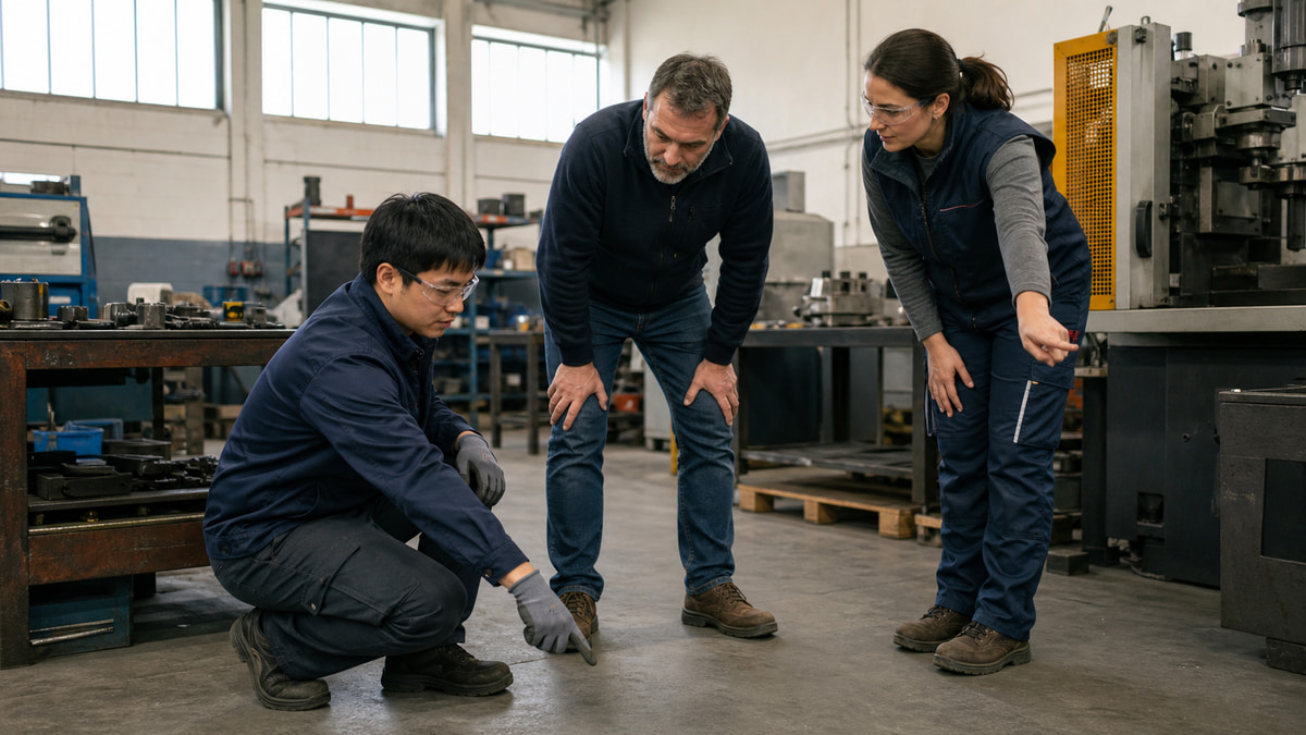 Illustration of an experienced worker briefing colleagues in a workshop