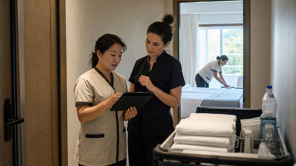 Illustration of a hotel housekeeper and supervisor discussing a shift