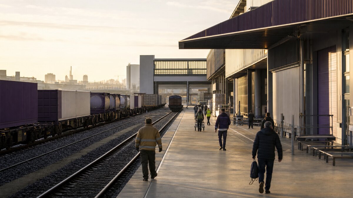 Workers moving through a European freight and warehouse interchange at shift change