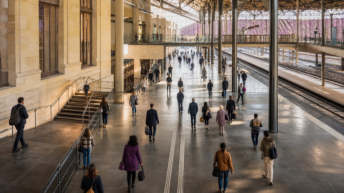 Travellers moving independently through a contemporary European railway station