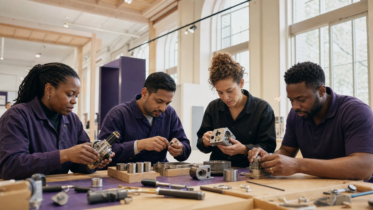 Skilled professionals working as peers at a practical workshop station
