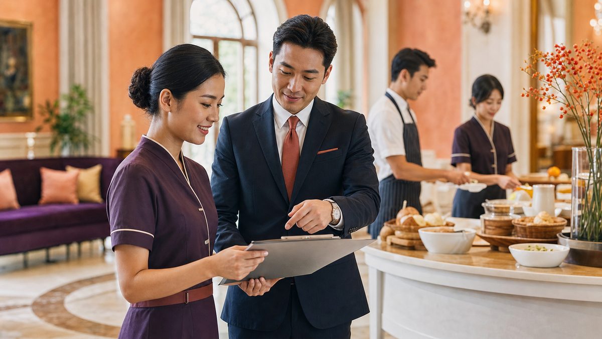 Asian hospitality worker and hotel manager reviewing seasonal shift planning