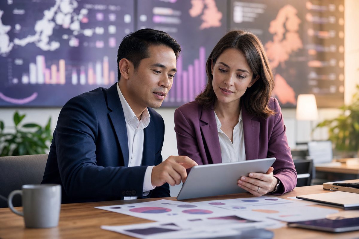 Asian recruiter and European staffing planner reviewing labour-market planning data