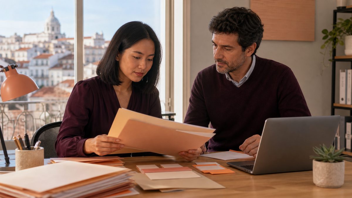 Asian coordinator organizing anonymous worker documents in a Lisbon office