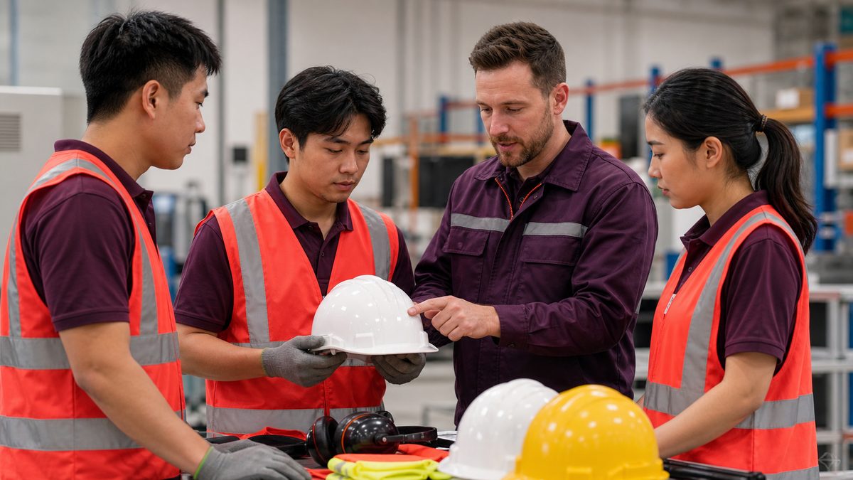 Asian workers and European safety coordinator reviewing workplace safety routines