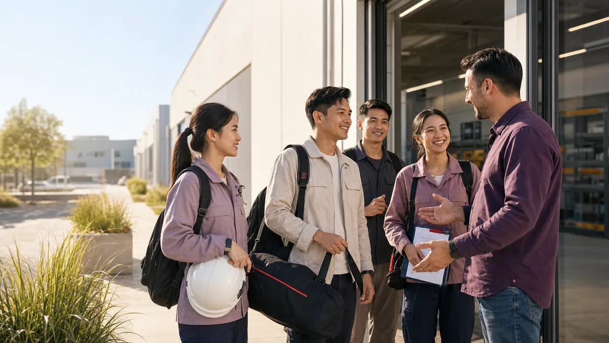 Asian workers meeting their European workplace coordinator