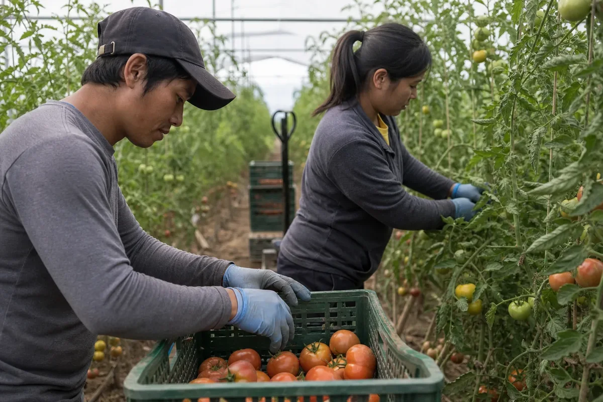 Greenhouse worker harvesting fresh produce