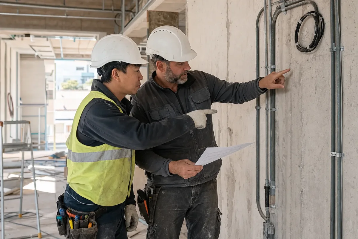 Construction workers reviewing site plans during a briefing