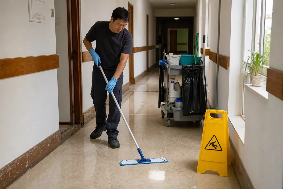 Facilities worker cleaning a professional shared space