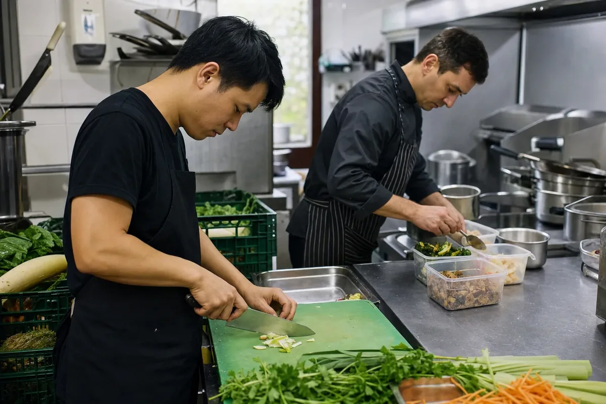 Kitchen worker preparing ingredients in a professional kitchen