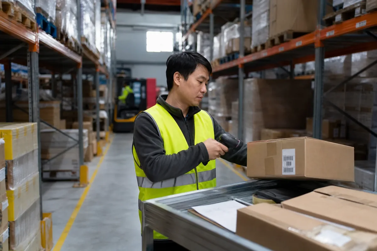 Warehouse worker picking and scanning goods in a logistics centre